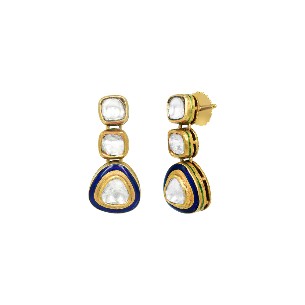 Triangle Polki Earrings with Blue Enamel